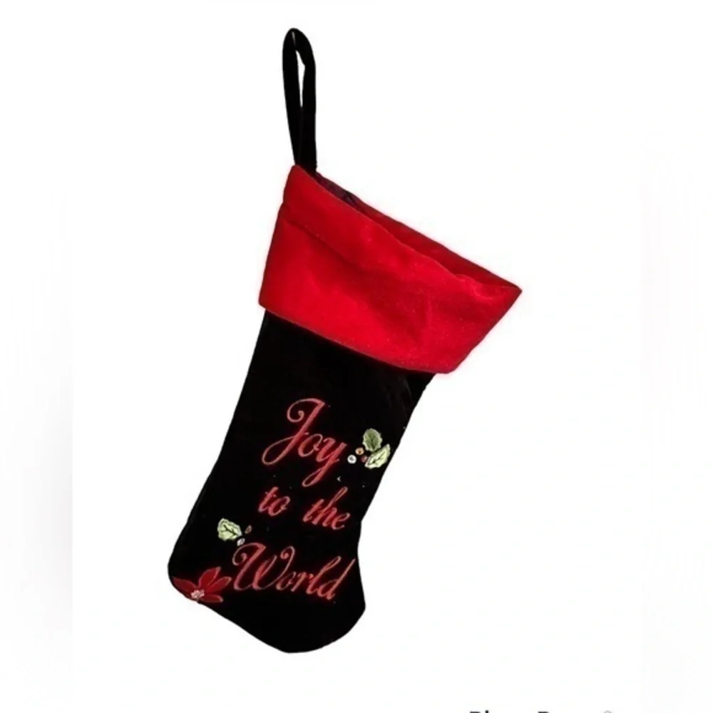 CHRISTMAS STOCKING ~ Black & Red Velvet with Monogrammed Joy To The World
